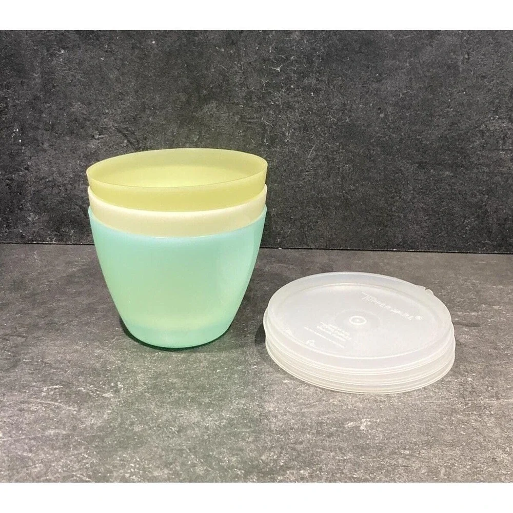 Vtg 60s Tupperware #148‎ Yellow Blue Sheer Refrigerator Container w #215 Lid